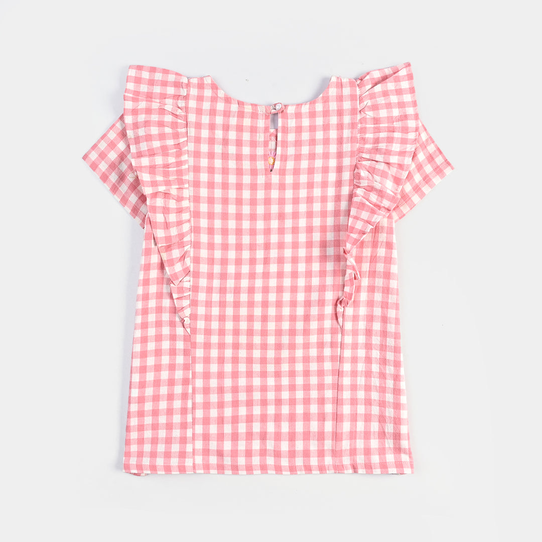 Girls Cotton Emb Top Pink Check