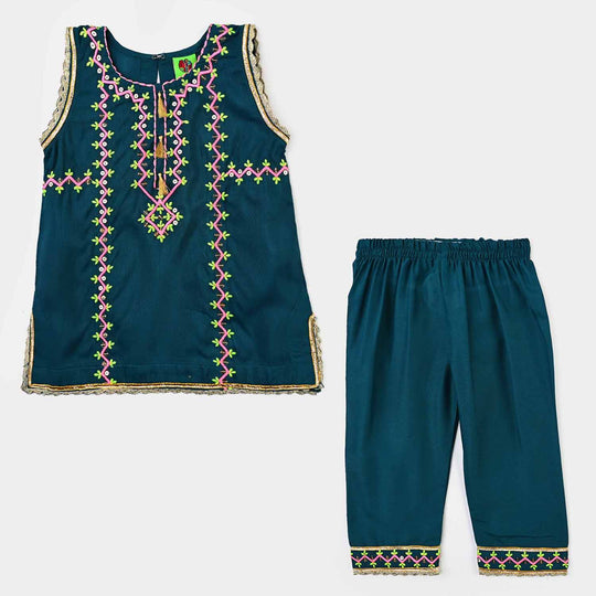 Infant Girls poly cambric Fancy 2Pcs Dil Naaz-Teal blue