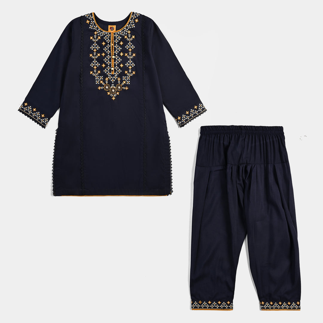 Girls poly cambric Emb 2Pcs Suit Tarz-Navy Blue