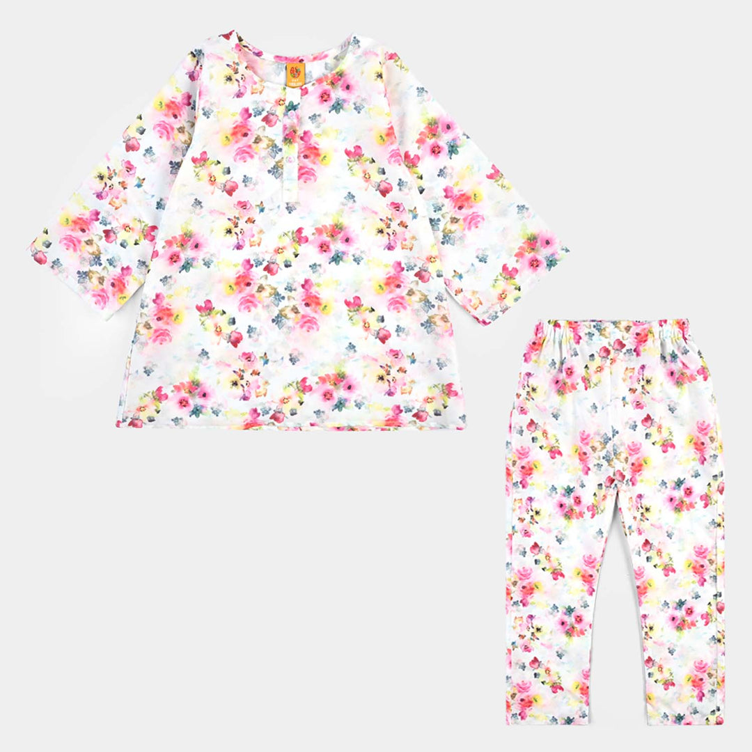 Girls Poly Cambric Printed 2Pcs Suit Floral-Multi