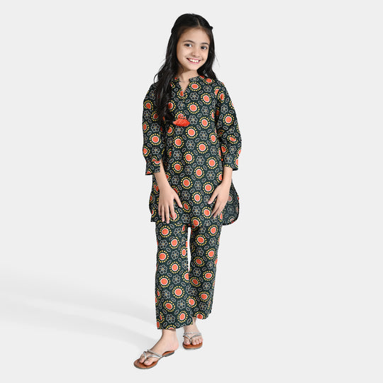 Girls Cotton Printed 2Pcs-Green