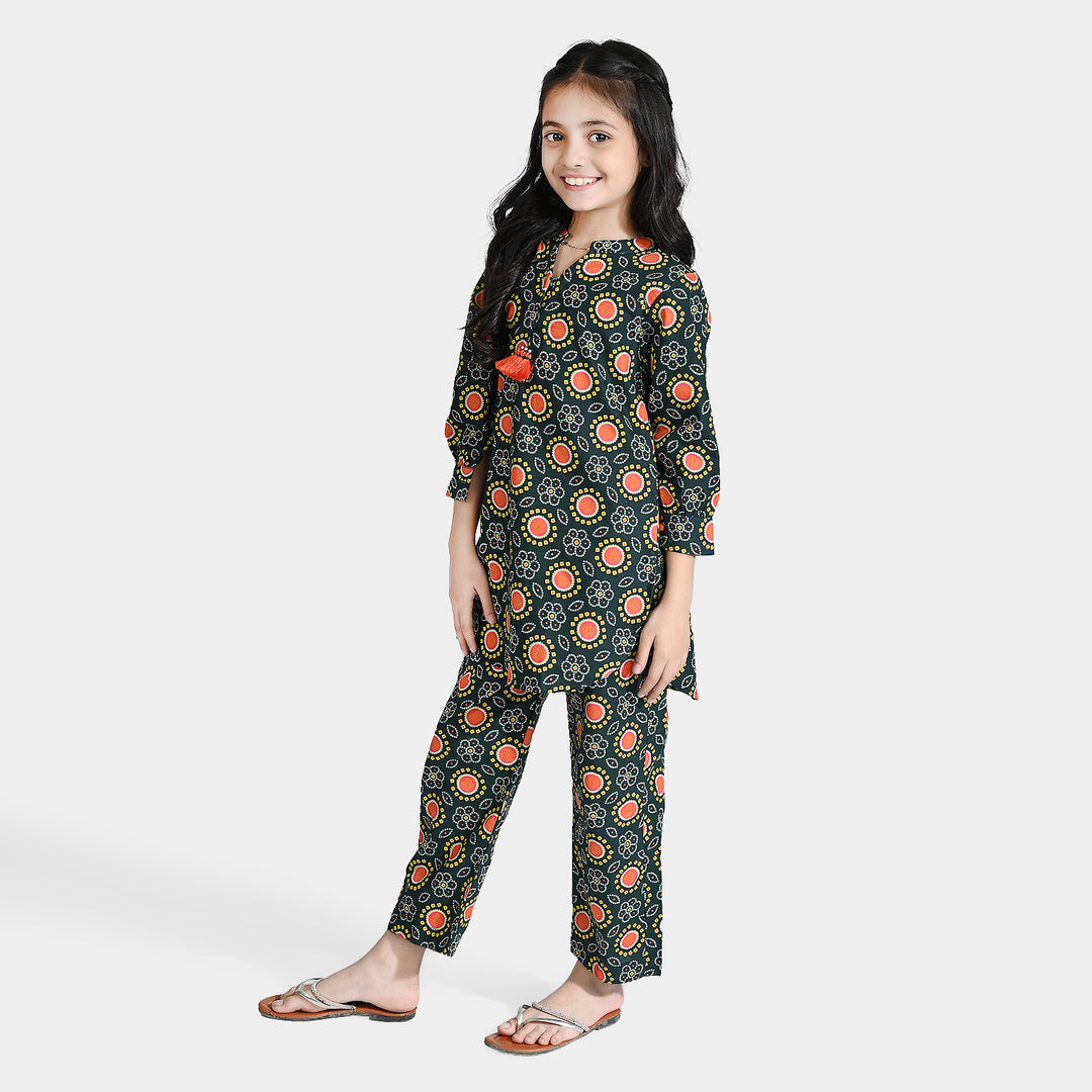 Girls Cotton Printed 2Pcs-Green