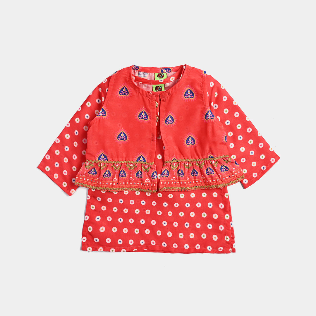 Infant Girls Poly Cambric Printed 3Pcs Chamak Dhamak-Red