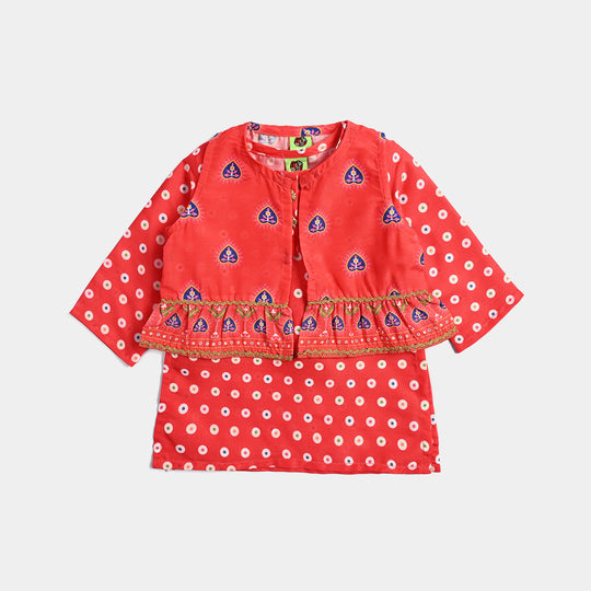 Infant Girls Poly Cambric Printed 3Pcs Chamak Dhamak-Red