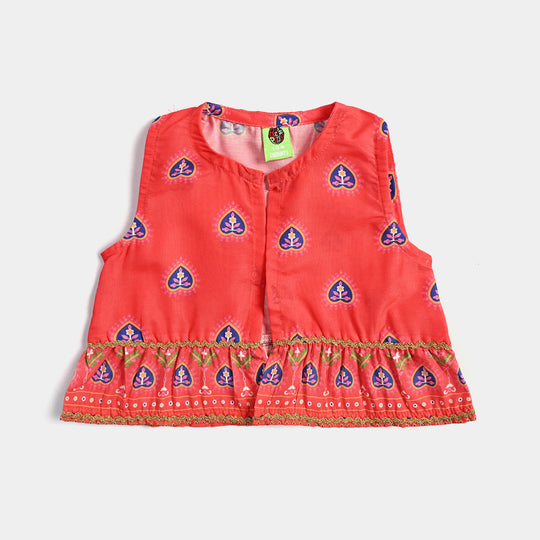 Infant Girls Poly Cambric Printed 3Pcs Chamak Dhamak-Red