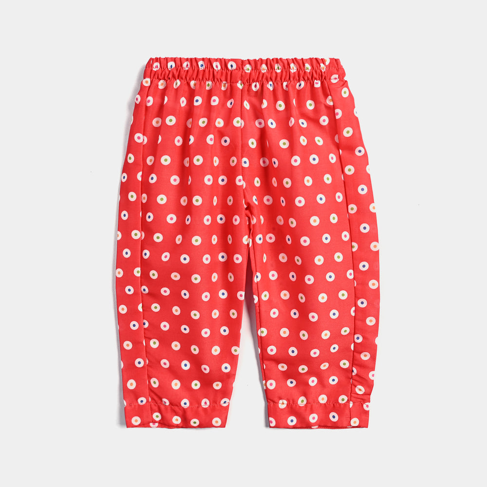 Infant Girls Poly Cambric Printed 3Pcs Chamak Dhamak-Red