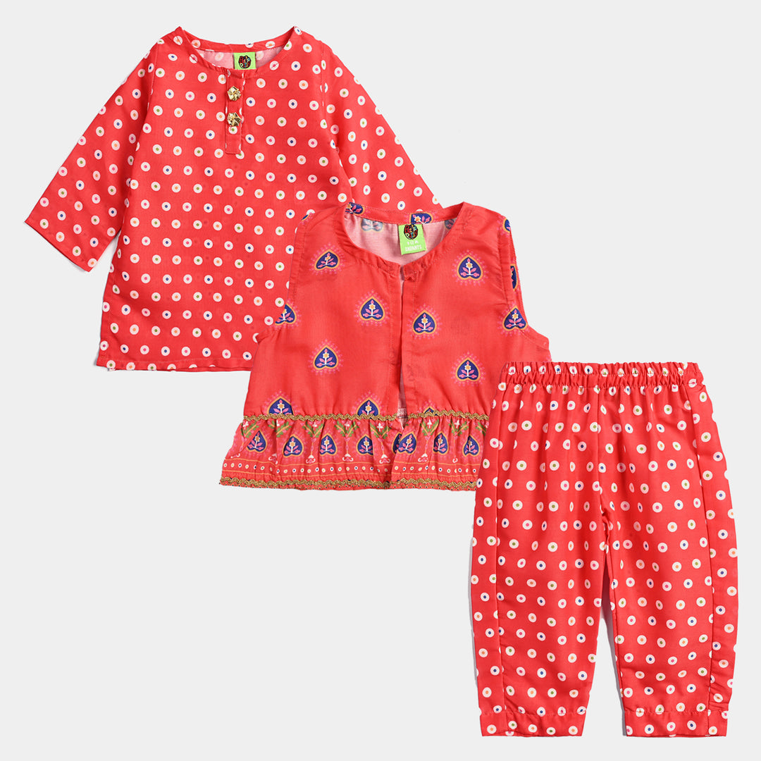 Infant Girls Poly Cambric Printed 3Pcs Chamak Dhamak-Red