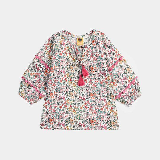 Girls Cotton Poplin Casual Top Chin Print-Multi