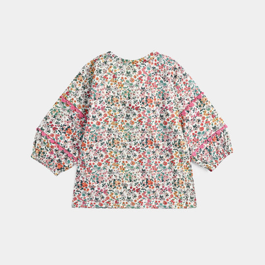 Infant Girls Cotton Poplin Casual Top Chin Print-Multi