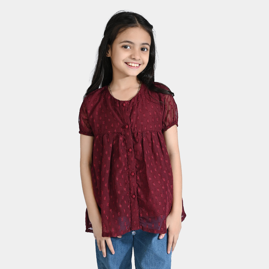 Girls China Fabric Casual Maroon Top-MAROON