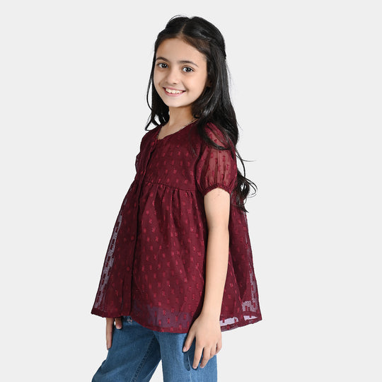 Girls China Fabric Casual Maroon Top-MAROON