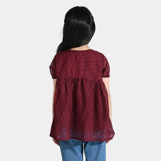 Girls China Fabric Casual Maroon Top-MAROON