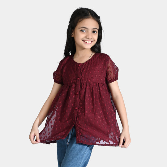 Girls China Fabric Casual Maroon Top-MAROON