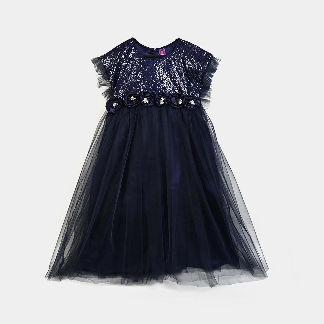 Girls Sequence Fancy Frock Shine-NAVY