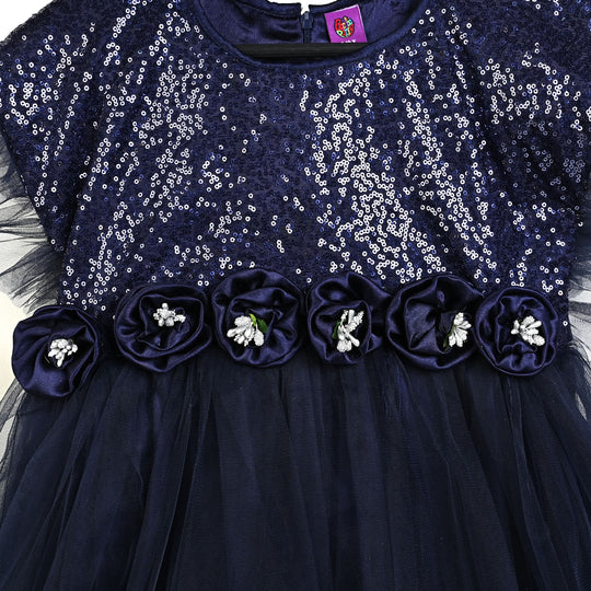 Girls Sequence Fancy Frock Shine-NAVY