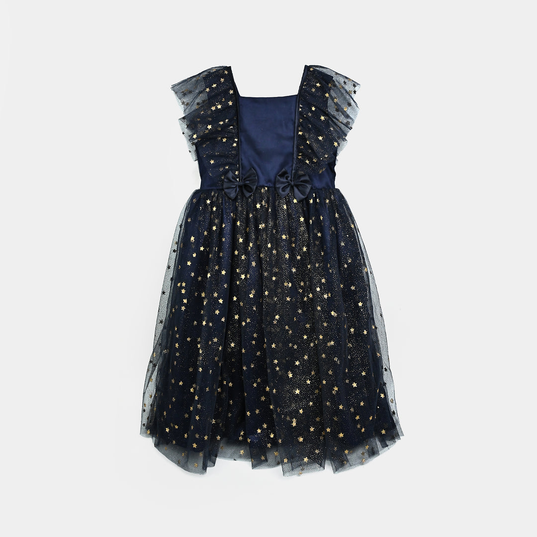 Girls Net Fancy Frock Glitter-NAVY