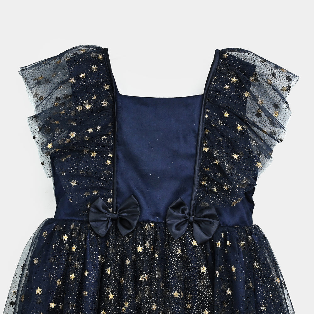 Girls Net Fancy Frock Glitter-NAVY