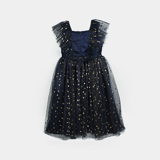 Girls Net Fancy Frock Glitter-NAVY