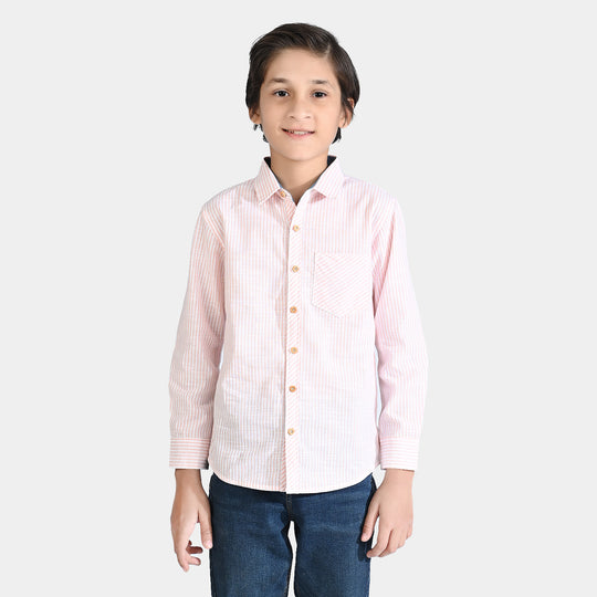 Boys Yarn Dyed Casual Shirt F/S-Beige Stripe