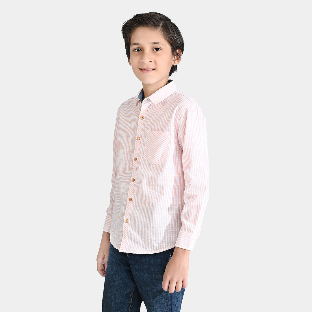 Boys Yarn Dyed Casual Shirt F/S-Beige Stripe