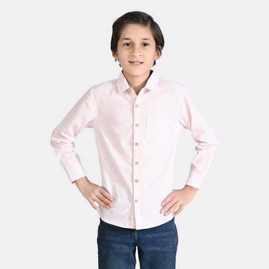 Boys Yarn Dyed Casual Shirt F/S-Beige Stripe