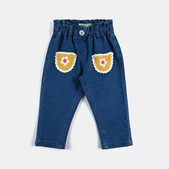 Infant Girls Denim Stretch Pant Flower Pocket-Ice Blue