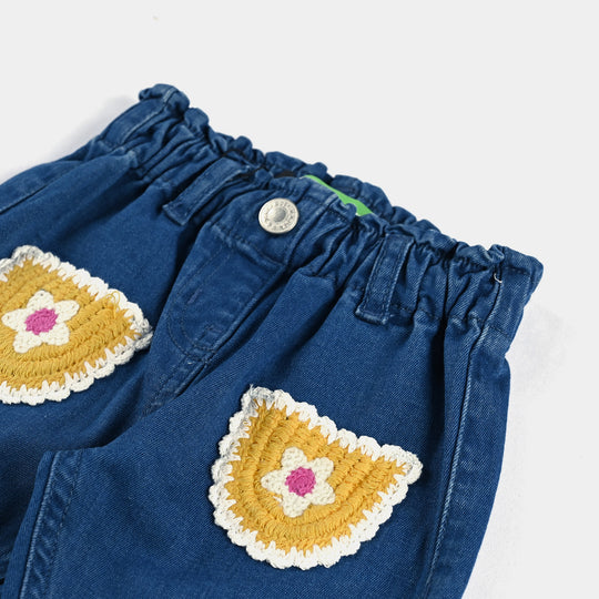 Infant Girls Denim Stretch Pant Flower Pocket-Ice Blue