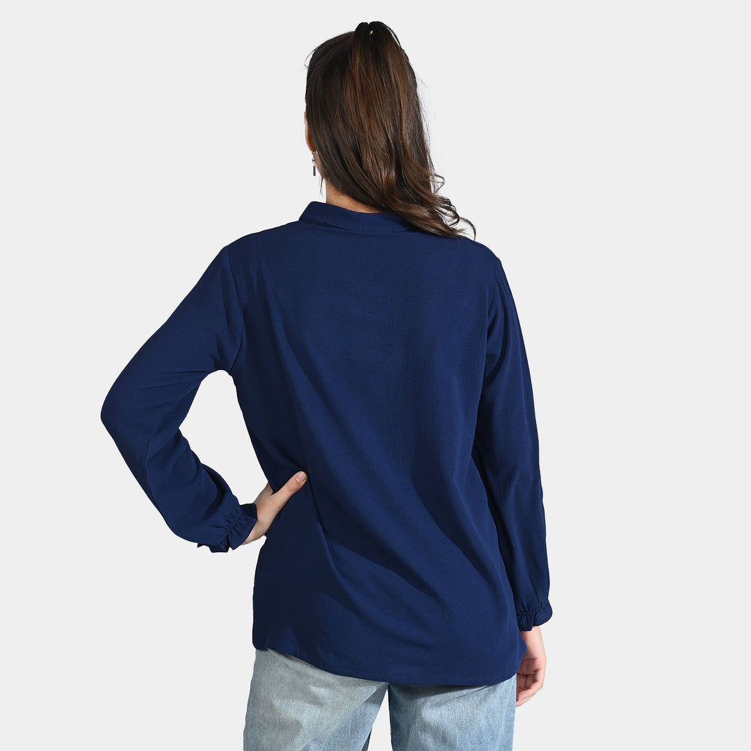 Teens Girls Textured Georgette Casual Top -NAVY