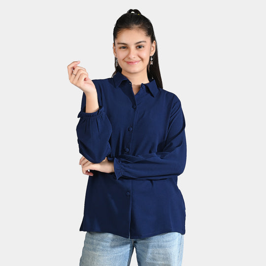 Teens Girls Textured Georgette Casual Top -NAVY