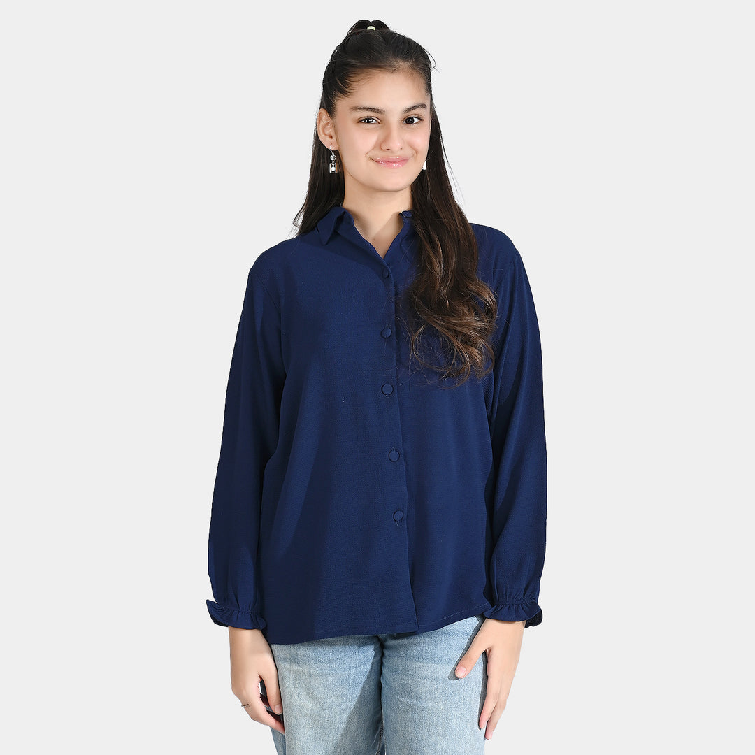 Teens Girls Textured Georgette Casual Top -NAVY