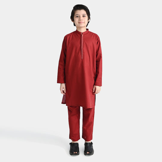 Boys Cotton Jacquard Shalwar Suit (Running Stitch)-Red