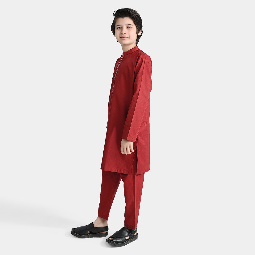 Boys Cotton Jacquard Shalwar Suit (Running Stitch)-Red