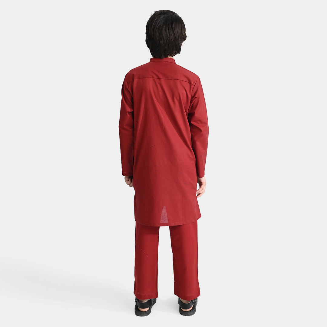 Boys Cotton Jacquard Shalwar Suit (Running Stitch)-Red