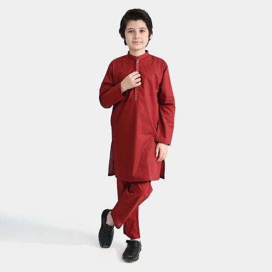 Boys Cotton Jacquard Shalwar Suit (Running Stitch)-Red