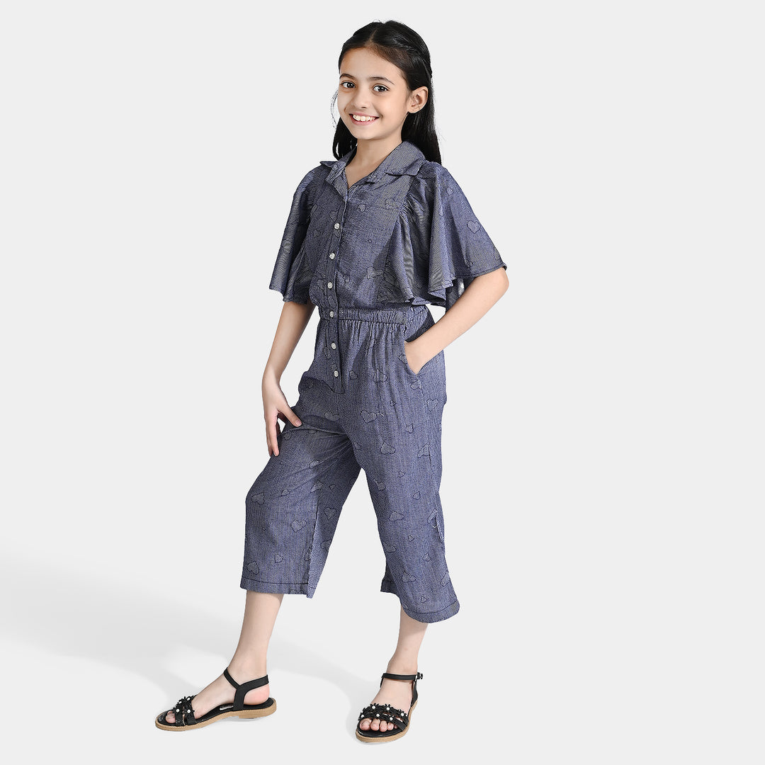 Girls Poly Cotton Jumpsuit Jacquard Hearts-NAVY