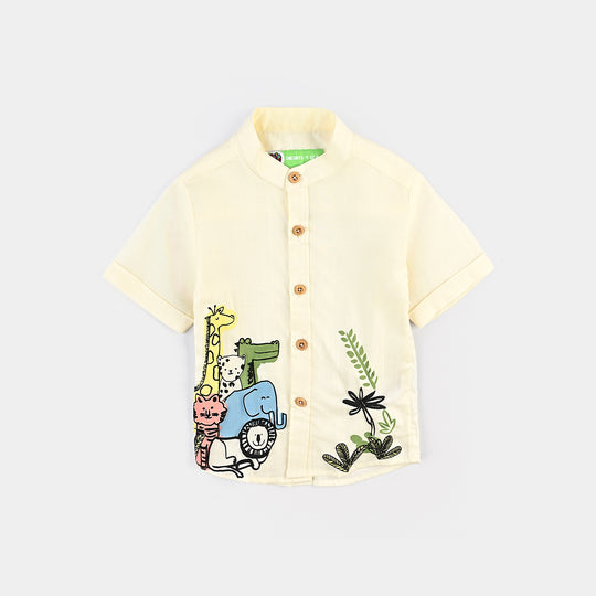 Infant Boys Cotton Slub Basic Casual Shirt (Jungle Friends)-OFF-White