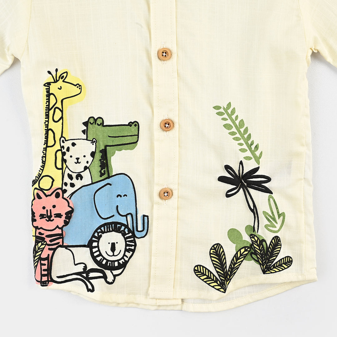 Infant Boys Cotton Slub Basic Casual Shirt (Jungle Friends)-OFF-White