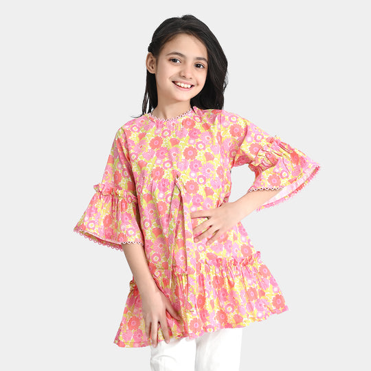 Girls Cotton Poplin Casual Frock Pink Frill-Pink