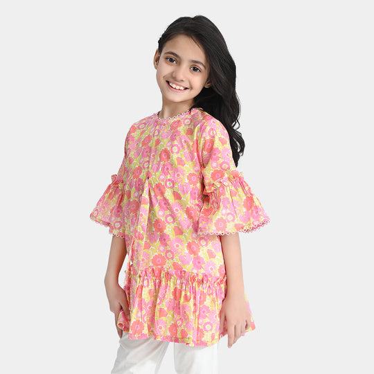 Girls Cotton Poplin Casual Frock Pink Frill-Pink