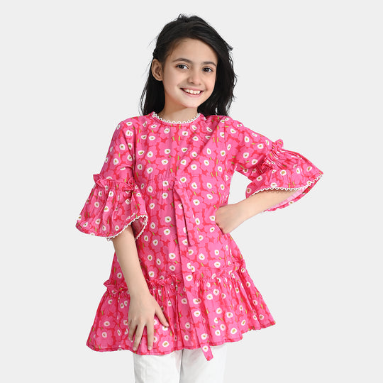 Girls Cotton Poplin Casual Frock Shocking Pink Frill-Hot Pink