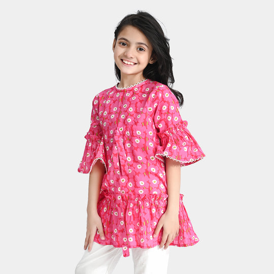 Girls Cotton Poplin Casual Frock Shocking Pink Frill-Hot Pink