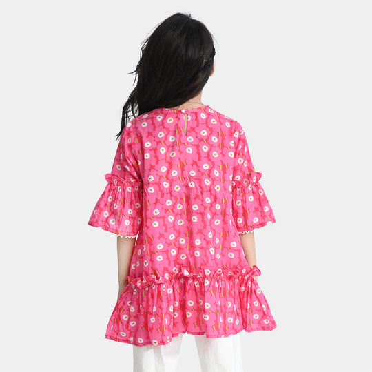 Girls Cotton Poplin Casual Frock Shocking Pink Frill-Hot Pink