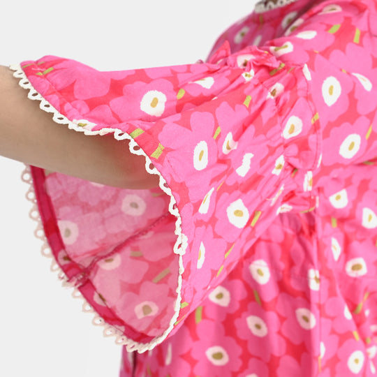 Girls Cotton Poplin Casual Frock Shocking Pink Frill-Hot Pink