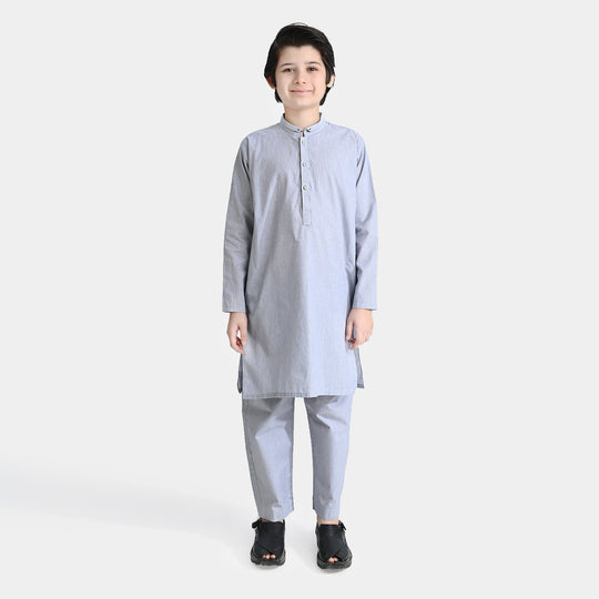 Boys Yarn Dyed Shalwar Suit (Ban Collar)-Grey Stripe