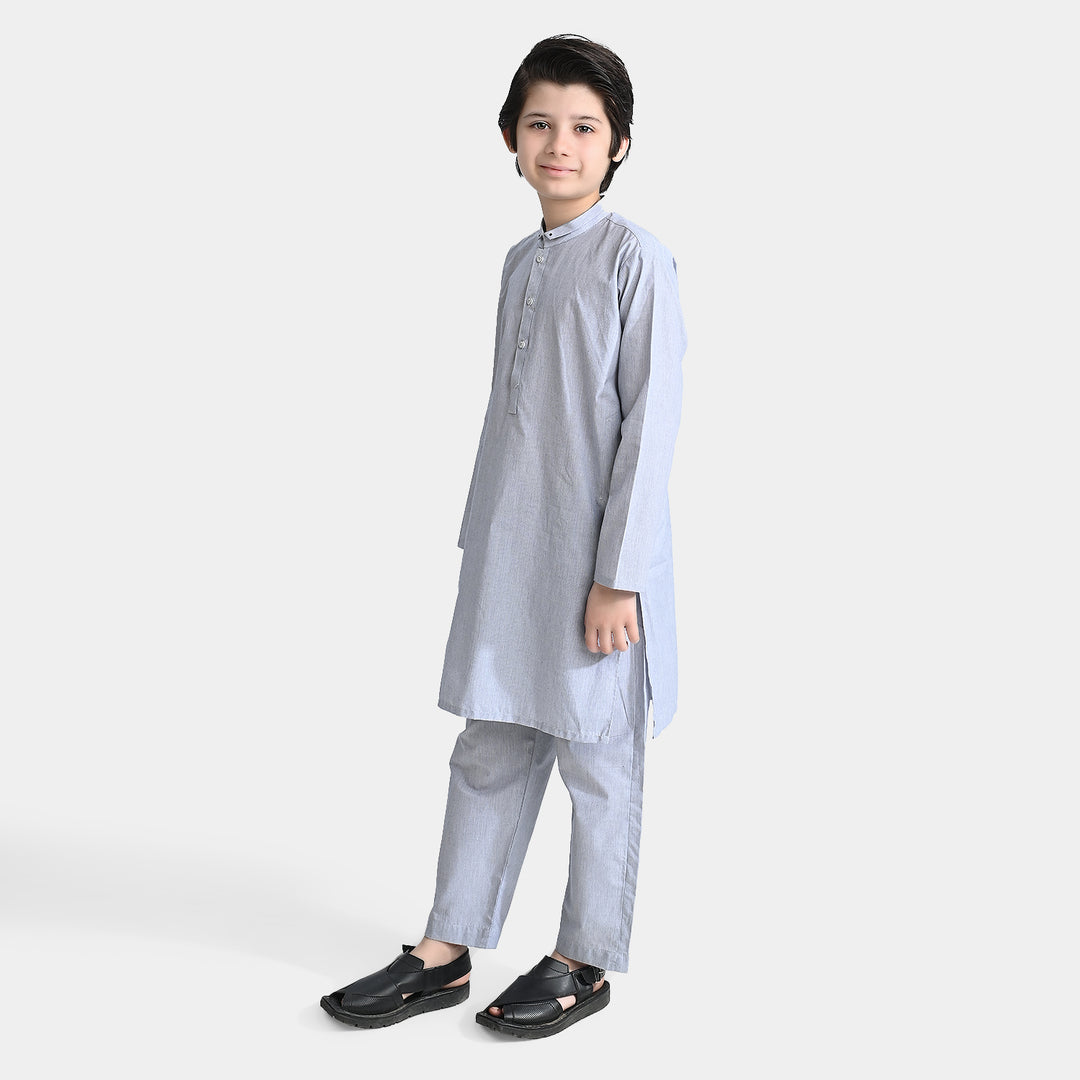 Boys Yarn Dyed Shalwar Suit (Ban Collar)-Grey Stripe