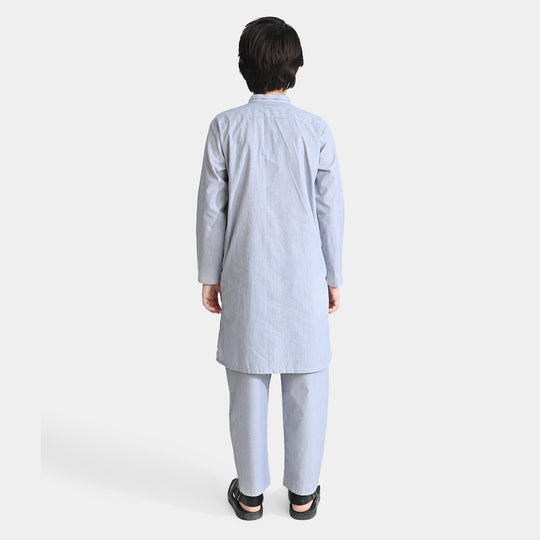 Boys Yarn Dyed Shalwar Suit (Ban Collar)-Grey Stripe