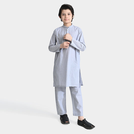 Boys Yarn Dyed Shalwar Suit (Ban Collar)-Grey Stripe