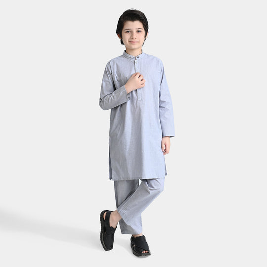 Boys Yarn Dyed Shalwar Suit (Ban Collar)-Grey Stripe