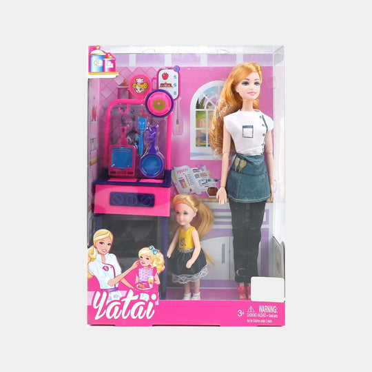 Doll With Kitchen Play Set For Girls