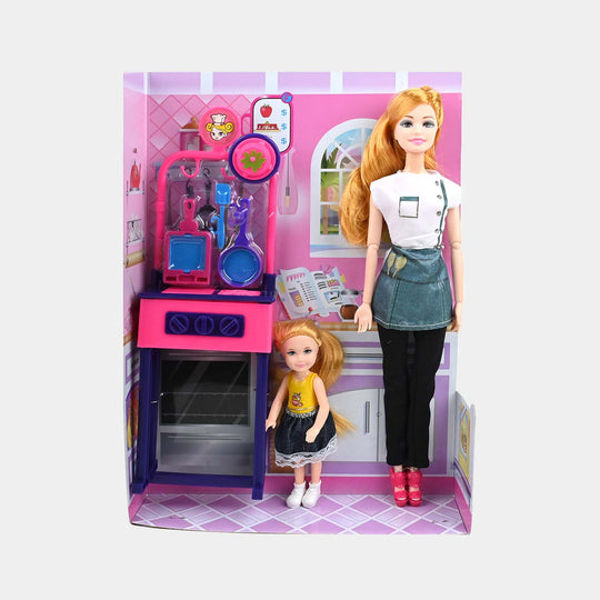 Doll With Kitchen Play Set For Girls